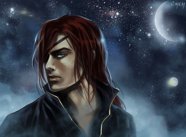 Обои картинки фото фэнтези, люди, арт, ночь, взгляд, мужчина, парень