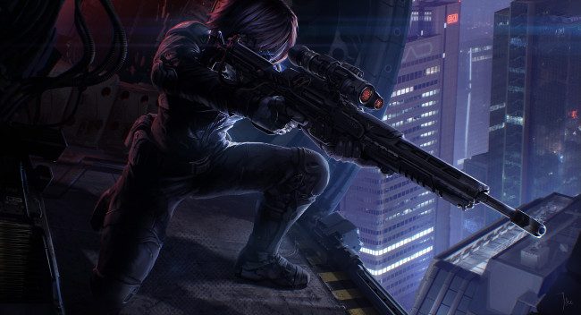 Обои картинки фото фэнтези, люди, высотки, небоскребы, снайпер, винтовка, костюм, арт