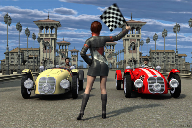 Обои картинки фото 3д графика, люди , people, фон, взгляд, автомобили, гонка, флаг, девушка