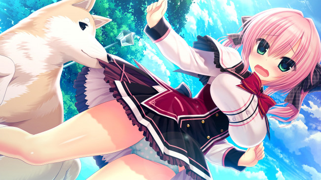 Обои картинки фото аниме, unknown,  другое, взгляд, фон, девушка, собака