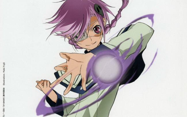 Обои картинки фото аниме, 07 ghost, art, maki, fujii, 07-ghost, kuroyuri, магия, повязка, косичка, челка, руки, вихрь, серый, фон