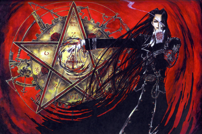 Обои картинки фото аниме, trinity blood, кровь, черный, рыцарь, isaak, fernand, von, kampfer, пентаграмма, черная, магия, избранный, art, kiyo, kyujyo, триединства, trinity, blood, мистика, заклинание