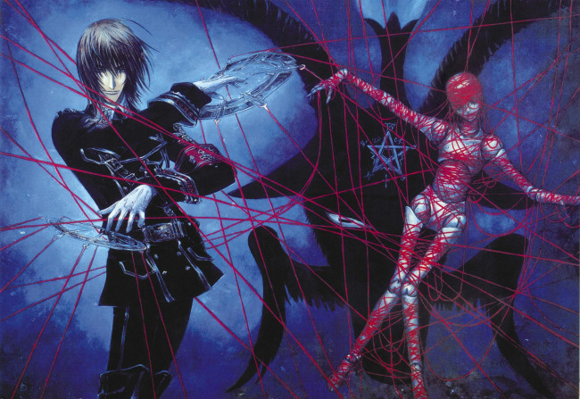 Обои картинки фото аниме, trinity blood, dietrich, von, lohengrin, черная, магия, кровь, триединства, trinity, blood, art, shibamoto, thres, кукла, вуду, пентаграмма, красная, нить