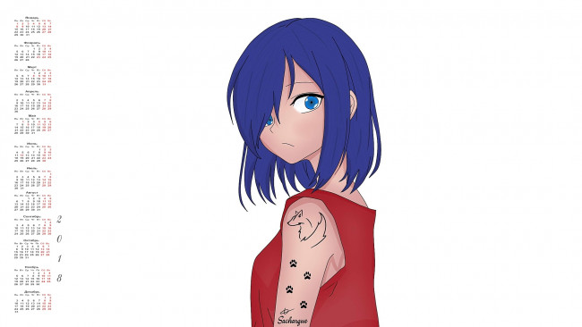 Обои картинки фото календари, аниме, взгляд, тату, девушка