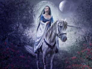 Картинка фэнтези фотоарт конь платье фон девушка