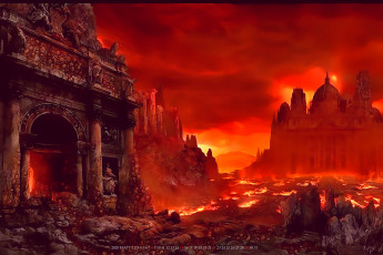 обоя календари, фэнтези, лава, город, здание, архитектура, красный, calendar, 2020