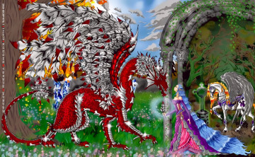 обоя календари, фэнтези, дракон, крвсный, крылья, девушка, конь, лошадь, calendar, 2020