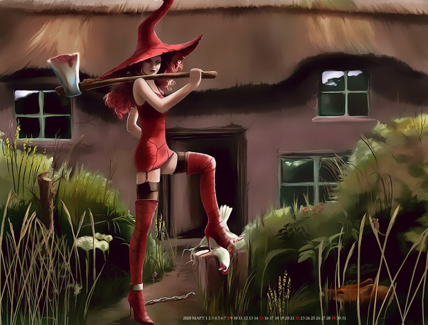 Обои картинки фото календари, фэнтези, шляпа, девушка, топор, курица, дом, calendar, 2020