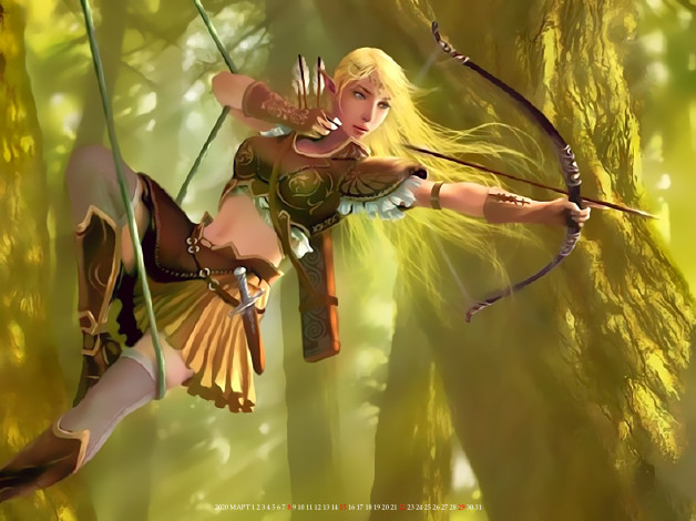 Обои картинки фото календари, фэнтези, эльф, девушка, лук, оружие, прицел, calendar, 2020