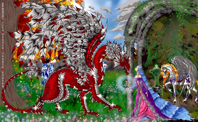 Обои картинки фото календари, фэнтези, дракон, крвсный, крылья, девушка, конь, лошадь, calendar, 2020