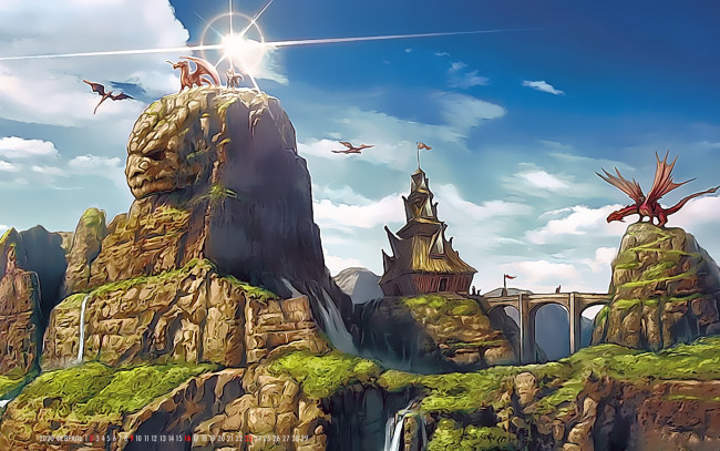 Обои картинки фото календари, фэнтези, природа, дракон, здание, архитектура, calendar, 2020