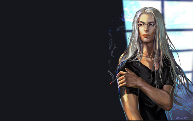 Обои картинки фото рисованное, люди, дым, сигарета, пирсинг, очки, блондин, парень