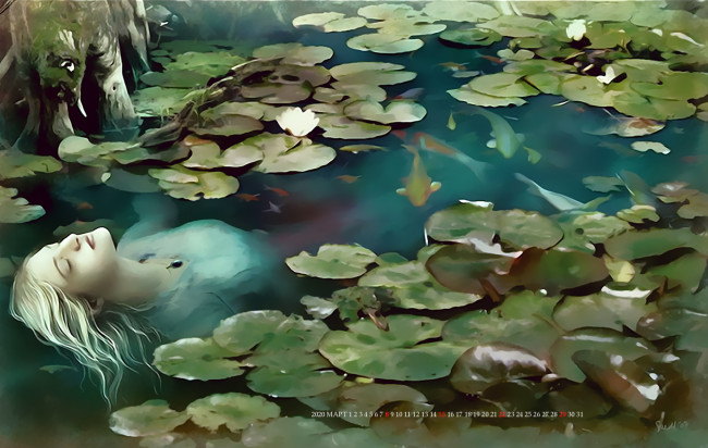 Обои картинки фото календари, фэнтези, рыба, водоем, девушка, 2020, calendar, вода, растение