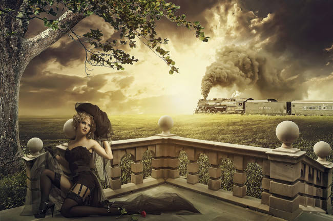 Обои картинки фото разное, компьютерный дизайн, корсет, поезд, чулки, фон, вуаль, девушка