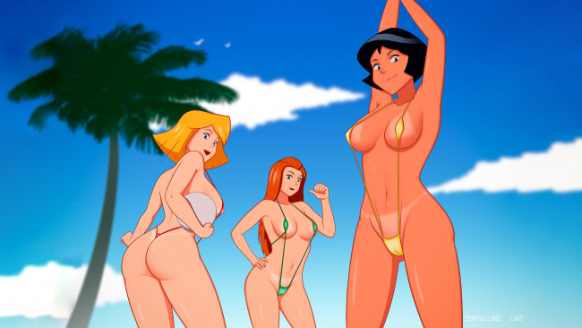 Обои картинки фото мультфильмы, totally spies, пальма, облака, девушки, totally, spies