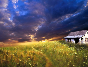 Картинка рисованное природа дом тучи луга тропа