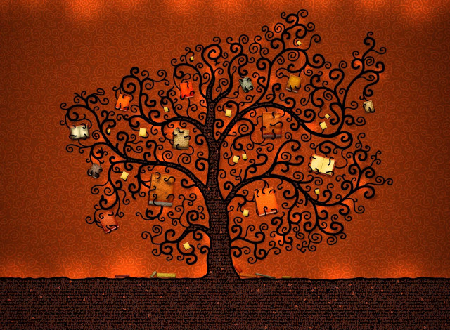 Обои картинки фото рисованное, vladstudio, дерево, книги, буквы