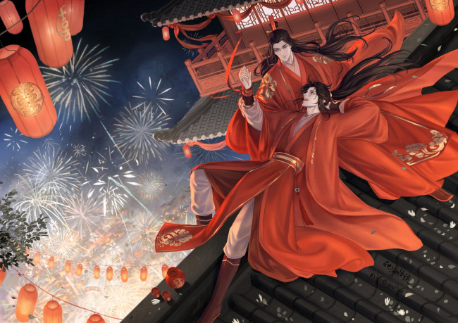 Обои картинки фото аниме, mo dao zu shi, вэй, усянь, лань, ванци, крыши, фонари