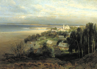 обоя алексей саврасов, рисованное, озеро, дома, деревья, деревня, церковь