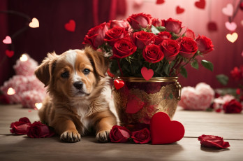 обоя праздничные, день святого валентина,  сердечки,  любовь, розы, сердечки, щенок