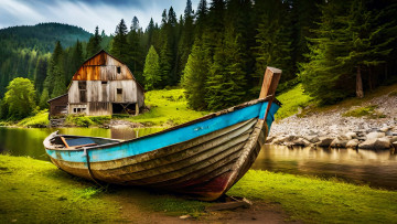 обоя корабли, лодки,  шлюпки, лес, река, лодка, строение