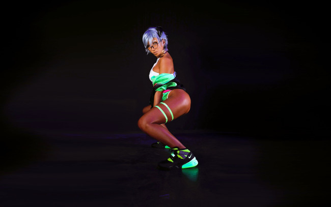 Обои картинки фото девушки, nonsummerjack, образ, куртка, неон, кроссовки, белье