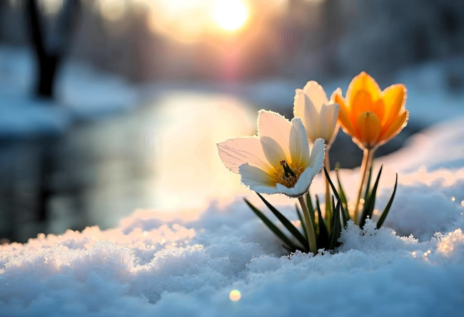 Обои картинки фото 3д графика, цветы , flowers, крокусы, цветы, снег, река