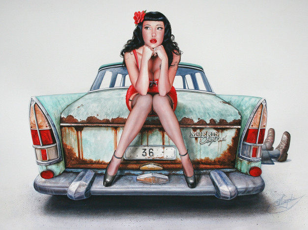 Обои картинки фото christiane, vleugels, рисованные, авто, девушка, ноги