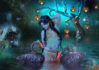 Картинка фэнтези фотоарт девушка лебеди вода