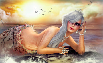 Картинка 3д+графика creatures+ существа русалка камень море