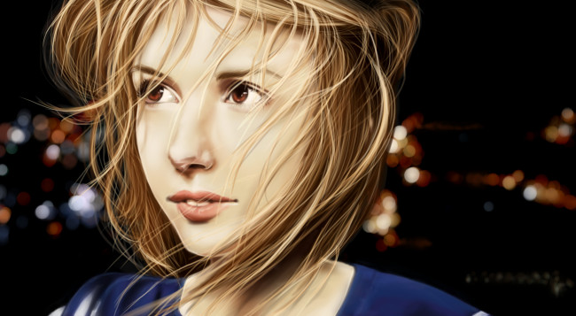 Обои картинки фото рисованные, люди, девушка, лицо, карие, глаза, волосы, губы, фон, огоньки