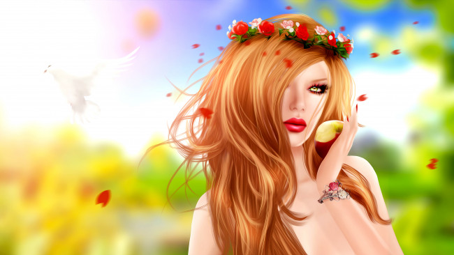 Обои картинки фото 3д графика, people , люди, птица, девушка, взгляд