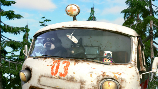 Обои картинки фото мультфильмы, маша и медведь, волки, маша, скорая, мультик, медведь