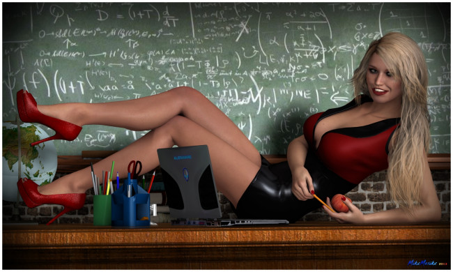 Обои картинки фото 3д графика, people , люди, девушка, улыбка, стол, доска