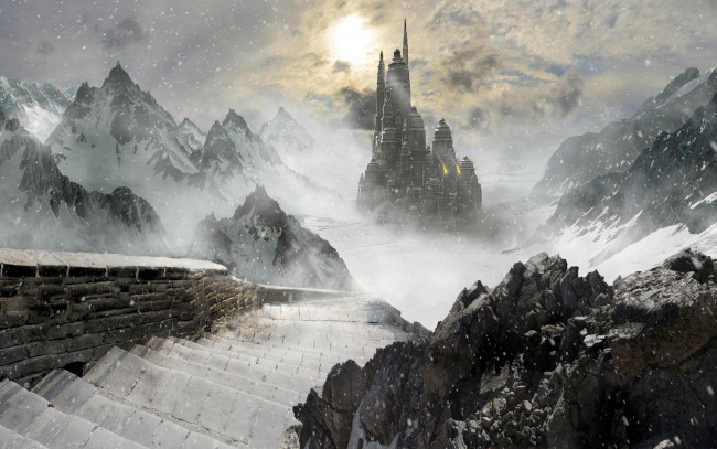 Обои картинки фото фэнтези, замки, арт, горы, зима, замок