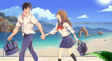 Картинка аниме unknown +другое девушка парень небо пляж настроение море скалы горы облака вода арт