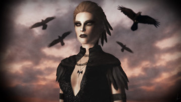обоя tes iv , путь судьбы vl, 3д графика, фантазия , fantasy, девушка, взгляд, фон, вороны