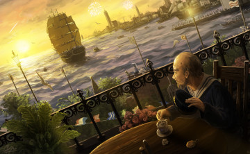 Картинка аниме город +улицы +здания makkou4 арт растения дедушка закат море чайки дети розы чашка кофе стол салюты корабль