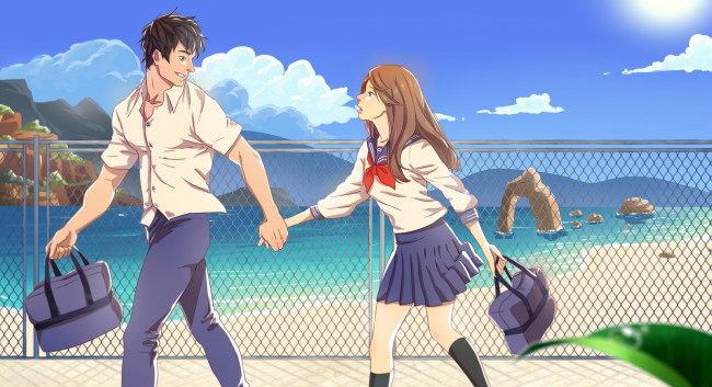 Обои картинки фото аниме, unknown,  другое, девушка, парень, небо, пляж, настроение, море, скалы, горы, облака, вода, арт