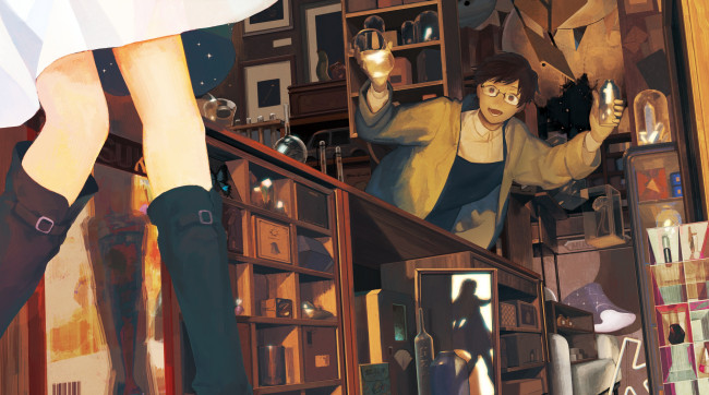 Обои картинки фото аниме, unknown,  другое, жидкости, ноги, девушка, лаборатория, силуэт, колбы, парень, арт, zipperradio