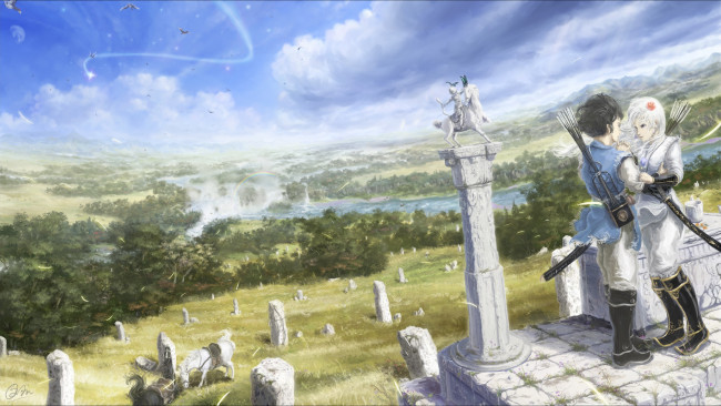 Обои картинки фото аниме, оружие,  техника,  технологии, makkou4, арт, пара, девушка, парень, любовь, пейзаж, лошадь