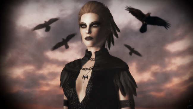 Обои картинки фото tes iv , путь судьбы vl, 3д графика, фантазия , fantasy, девушка, взгляд, фон, вороны