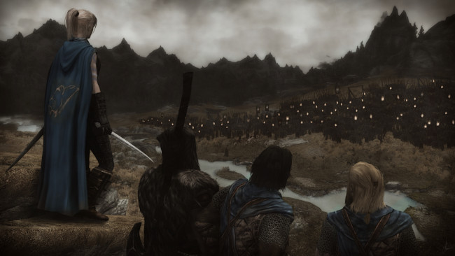 Обои картинки фото tes iv , путь судьбы vl, 3д графика, фантазия , fantasy, девушка, взгляд, фон, солдаты