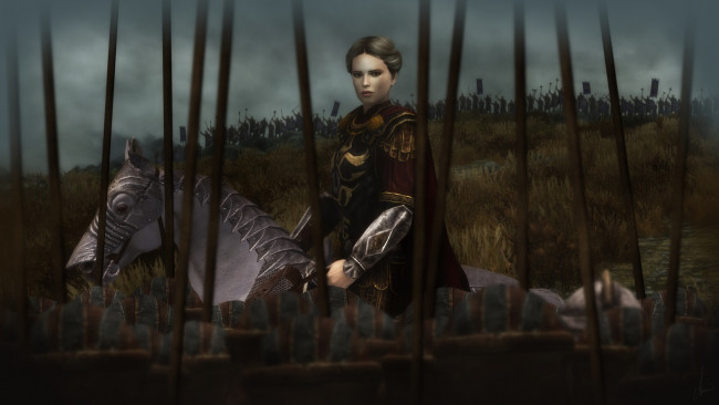 Обои картинки фото tes iv , путь судьбы vl, 3д графика, фантазия , fantasy, девушка, взгляд, фон, лошадь, солдаты