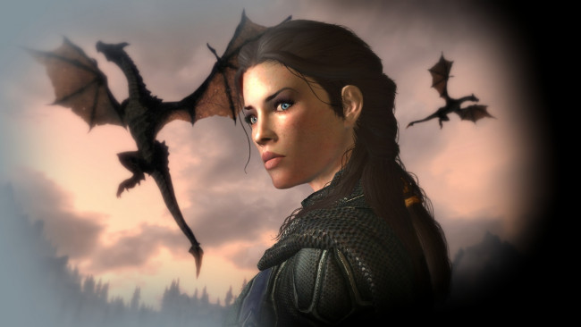 Обои картинки фото tes iv , путь судьбы vl, 3д графика, фантазия , fantasy, девушка, взгляд, фон, драконы