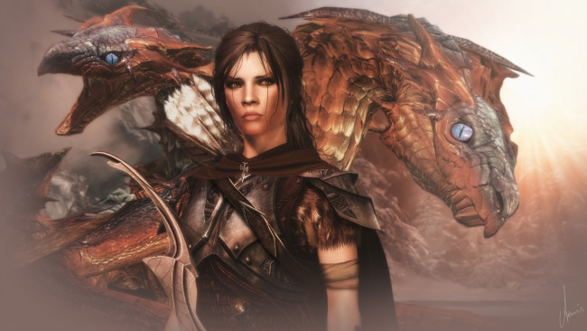 Обои картинки фото tes iv , путь судьбы vl, 3д графика, фантазия , fantasy, девушка, взгляд, фон, драконы