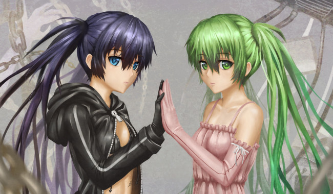 Обои картинки фото black rock shooter & vocaloid, аниме, unknown,  другое, руки, девушки, hatsune, miku, kuroi, mato, vocaloid, взгляд, aki99, black, rock, shooter