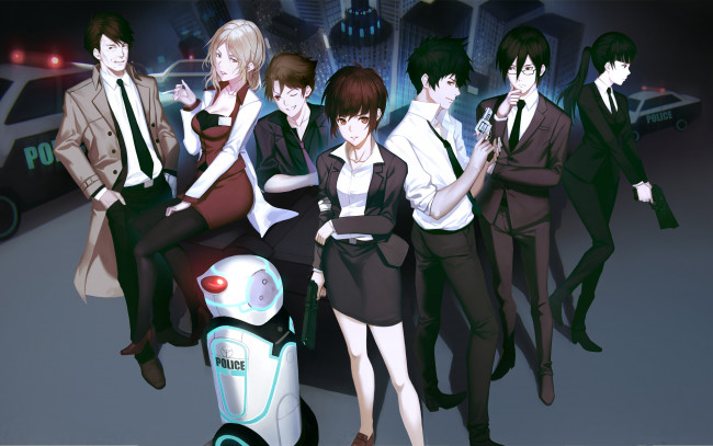 Обои картинки фото аниме, psycho-pass, yykuaixian, kunizuka, yayoi, kougami, shinya, ginoza, nobuchika, tsunemori, akane, masaoka, tomomi, karanomori, shion, kagari, shuusei, пистолет, парни, девушки, оружие