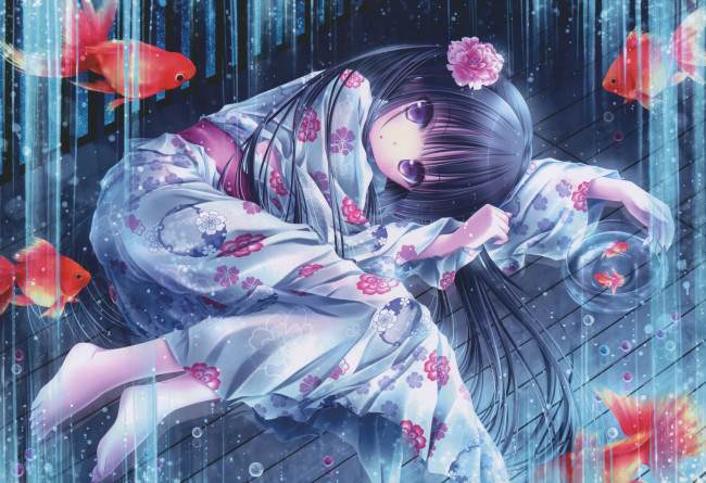 Обои картинки фото аниме, tinkle , artbook, юката, рыбки, платье, арт, девушка, tinkle