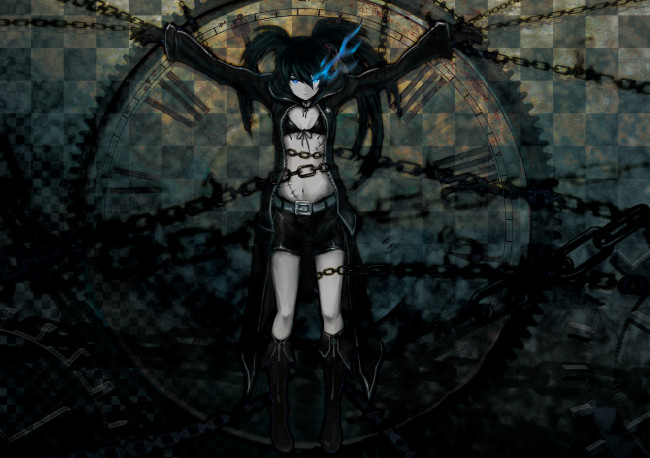Обои картинки фото аниме, black rock shooter, black, rock, shooter, bsl, девушка, цепи, kuroi, mato